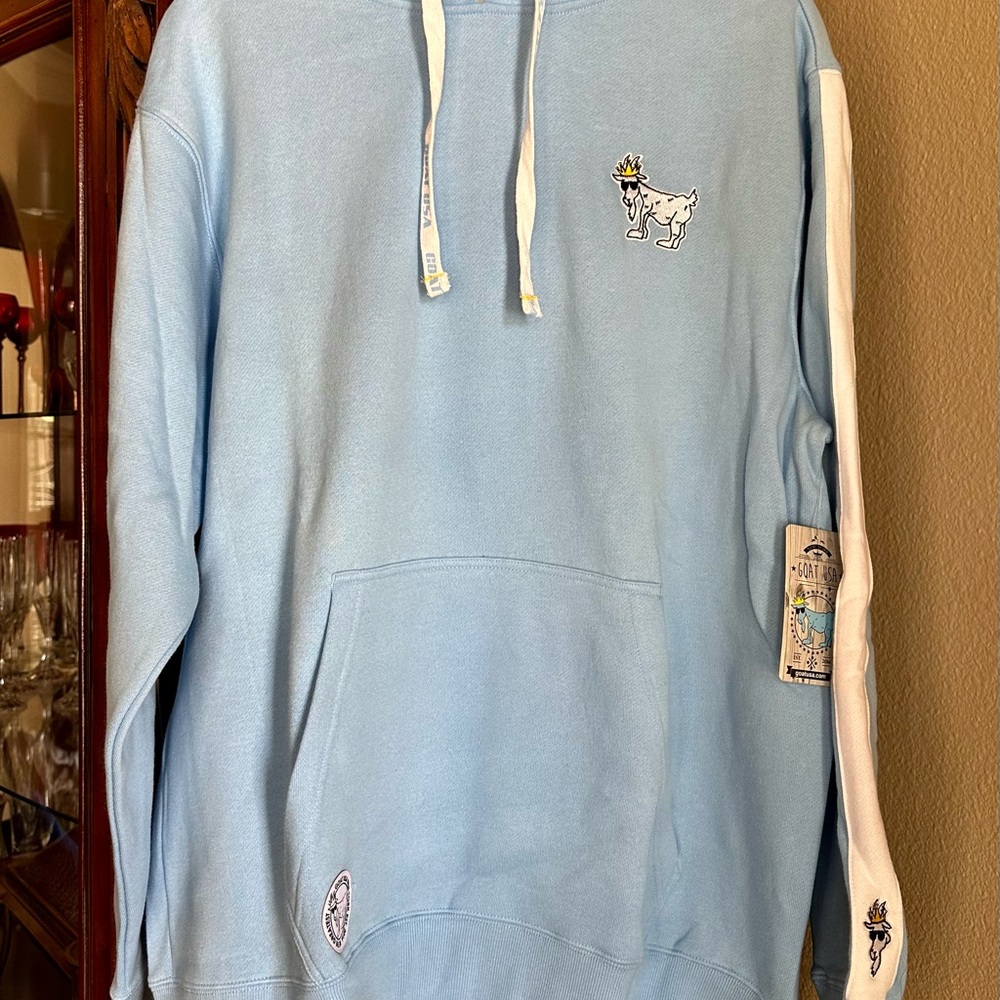 * NWT* GOAT OG LIGHT BLUE/WHITE PINSTRIPE EMBROIDERED DRAWSTRING HOODIE